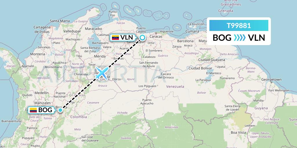 T99881 Turpial Airlines Flight Map: Bogota to Valencia