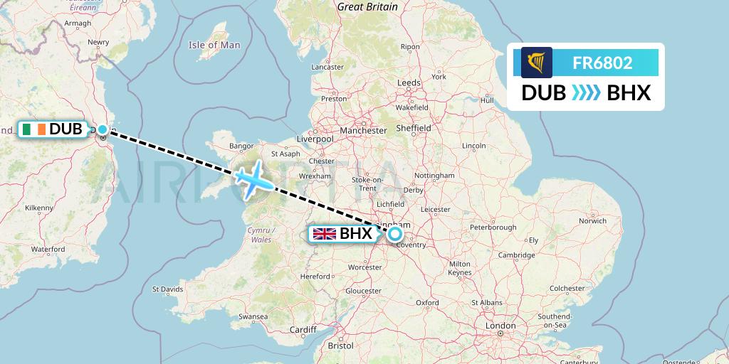 FR6802 Ryanair Flight Map: Dublin to Birmingham