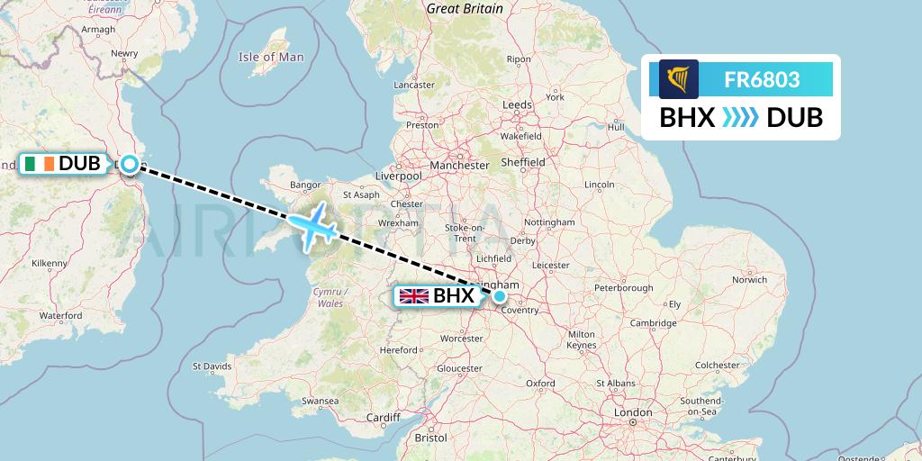 FR6803 Ryanair Flight Map: Birmingham to Dublin