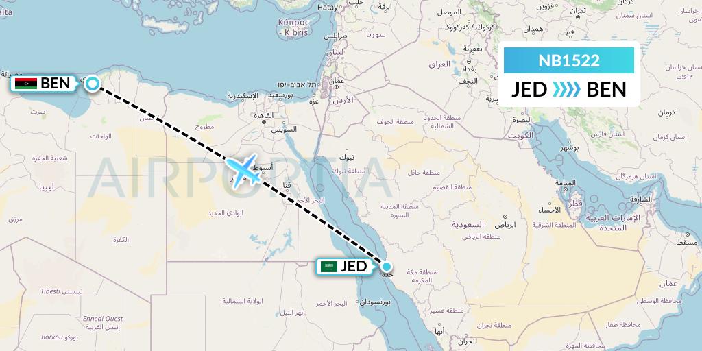 NB1522 Berniq Airways Flight Map: Jeddah to Benghazi