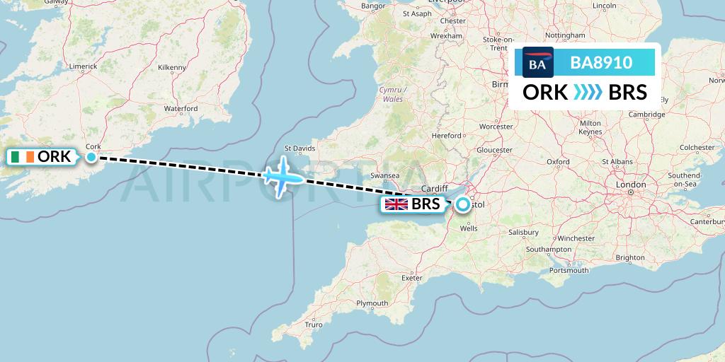 BA8910 British Airways Flight Map: Cork to Bristol