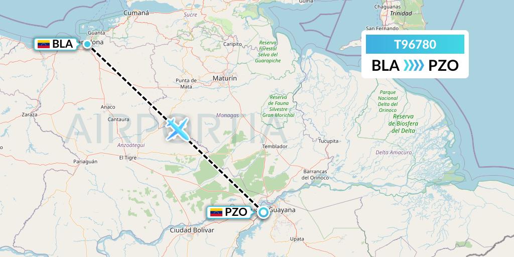 T96780 Turpial Airlines Flight Map: Barcelona to Puerto Ordaz