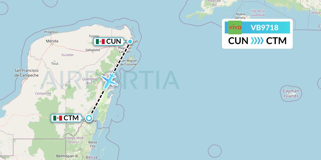 VB9718 VivaAerobus Flight Map: Cancun to Chetumal