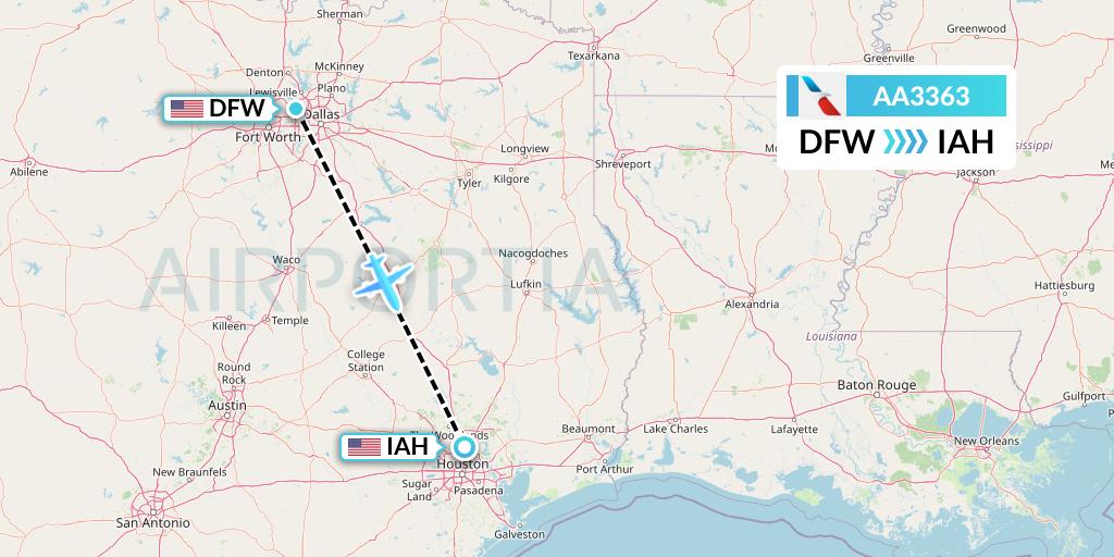AA3363 American Airlines Flight Map: Dallas to Houston