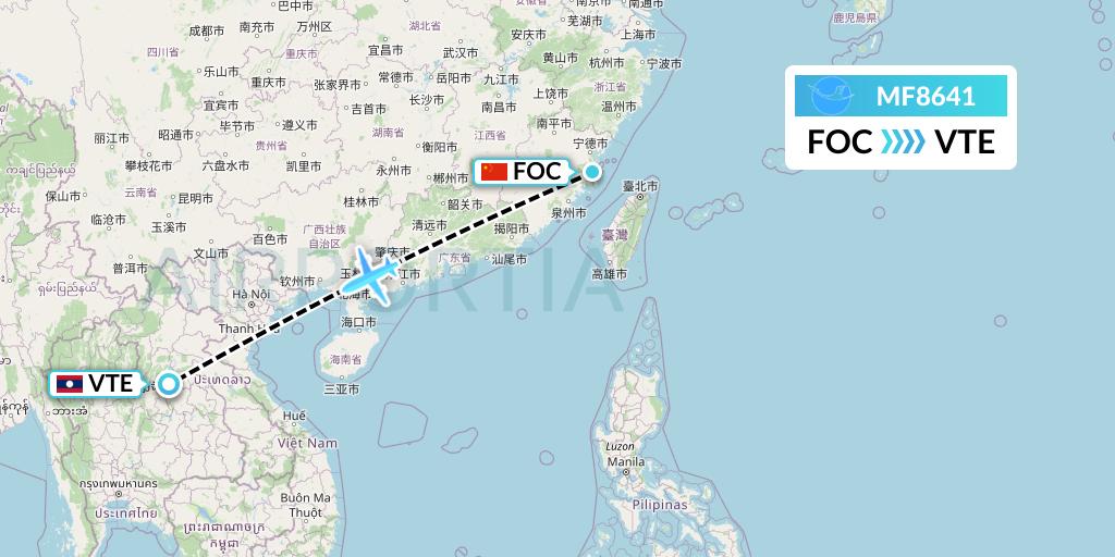 MF8641 Xiamen Airlines Flight Map: Fuzhou to Vientiane