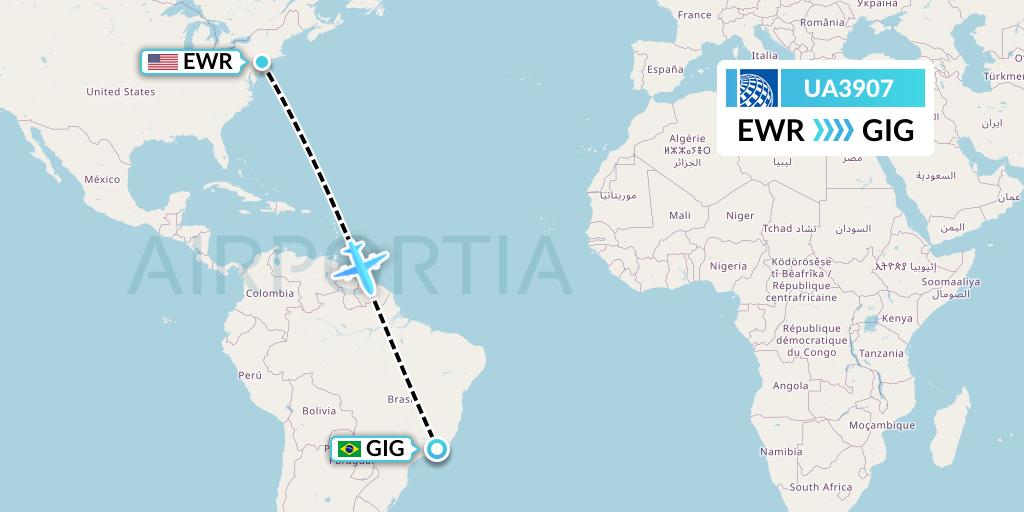 UA3907 United Airlines Flight Map: New York to Rio de Janeiro