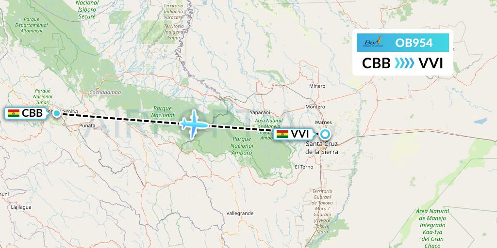 OB954 Boliviana de Aviacion Flight Map: Cochabamba to Santa Cruz