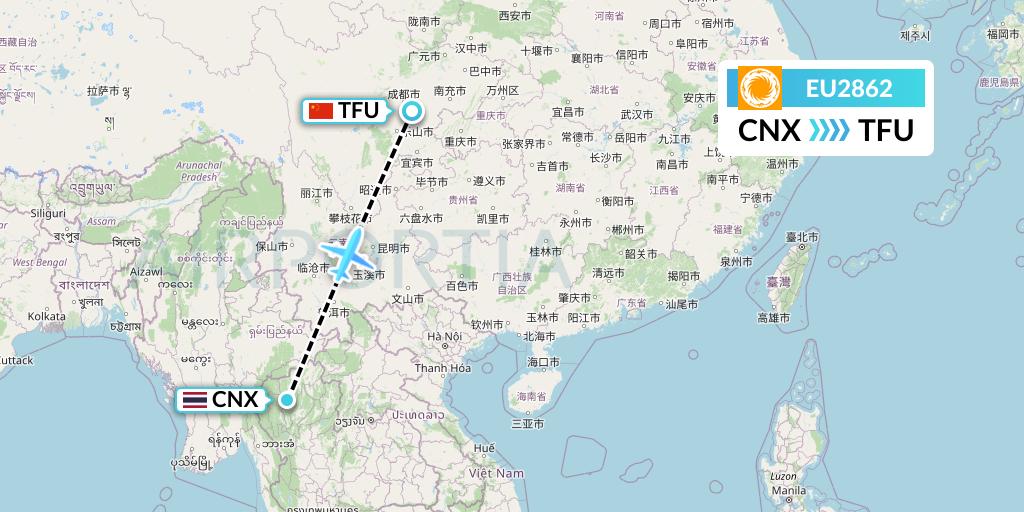 EU2862 Chengdu Airlines Flight Map: Chiang Mai to Chengdu