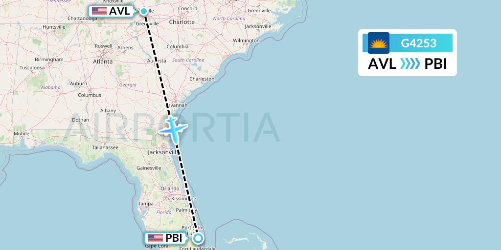 G4253 Allegiant Air Flight Map: Asheville to West Palm Beach