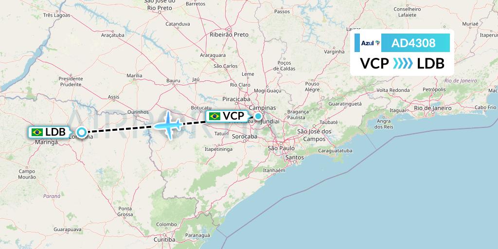 AD4308 Azul Brazilian Airlines Flight Map: Campinas to Londrina