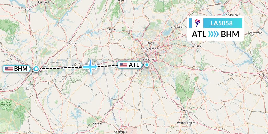 LA5058 LAN Airlines Flight Map: Atlanta to Birmingham