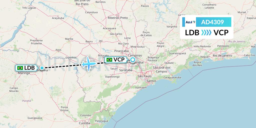 AD4309 Azul Brazilian Airlines Flight Map: Londrina to Campinas