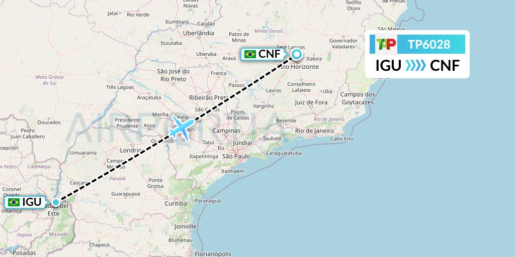 TP6028 TAP Portugal Flight Map: Foz do Iguacu to Belo Horizonte