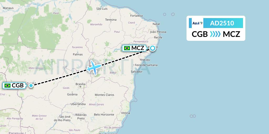 AD2510 Azul Brazilian Airlines Flight Map: Cuiaba to Maceio