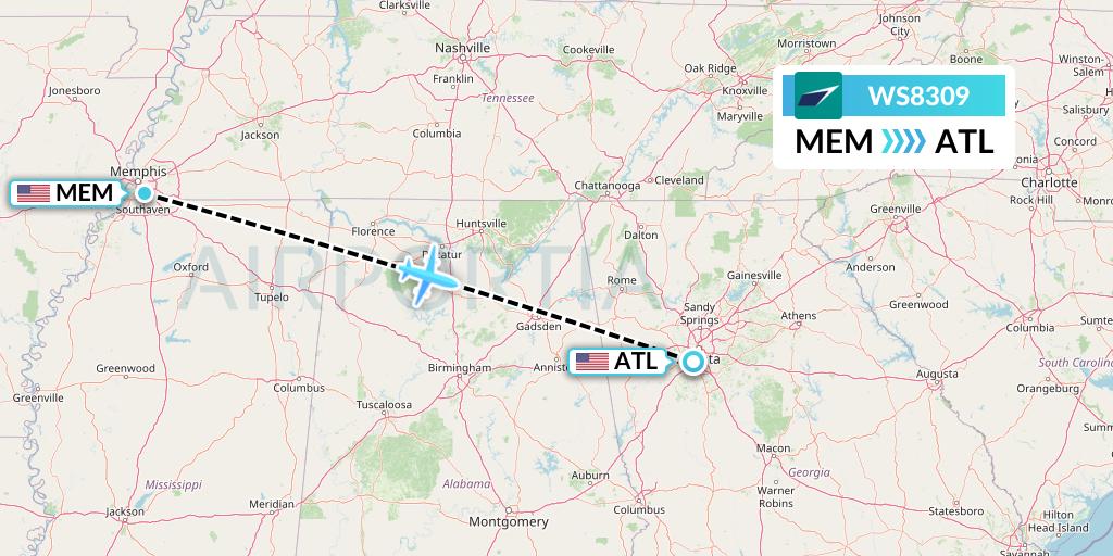 WS8309 WestJet Flight Map: Memphis to Atlanta