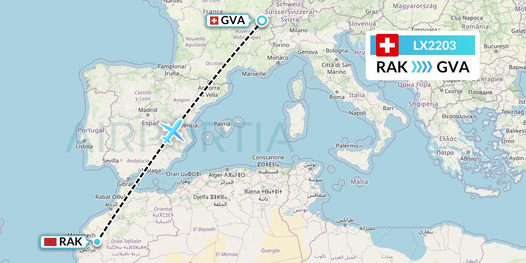 LX2203 Swiss Flight Map: Marrakesh to Geneva