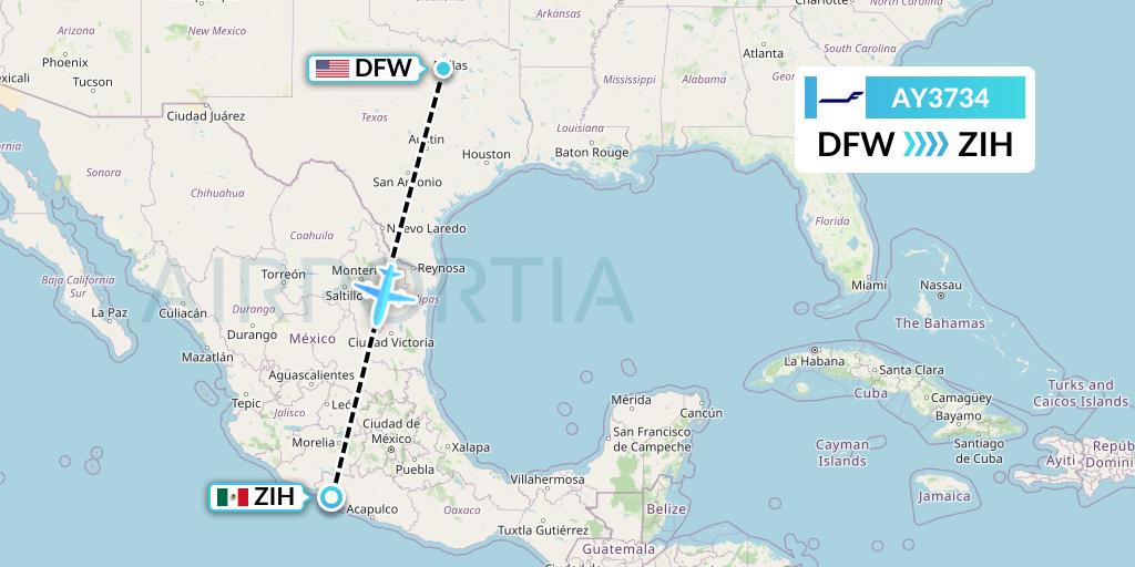 AY3734 Finnair Flight Map: Dallas to Zihuatanejo