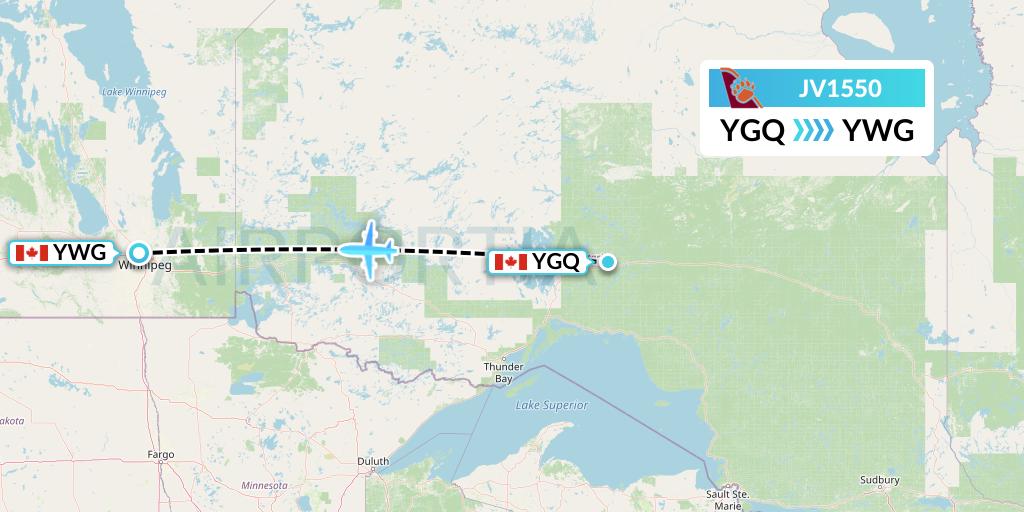 JV1550 Bearskin Airlines Flight Map: Geraldton to Winnipeg