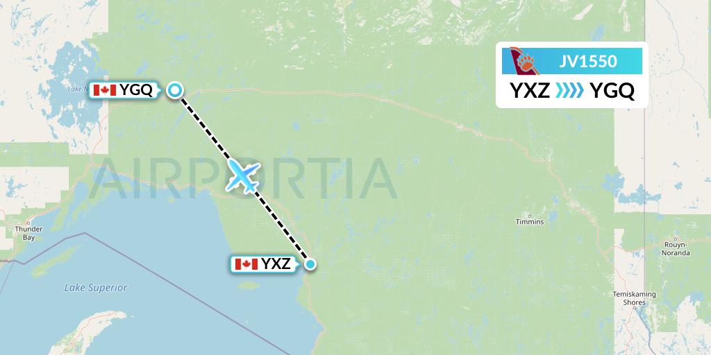 JV1550 Bearskin Airlines Flight Map: Wawa to Geraldton