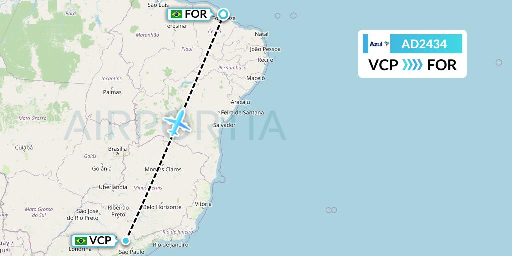 AD2434 Azul Brazilian Airlines Flight Map: Campinas to Fortaleza