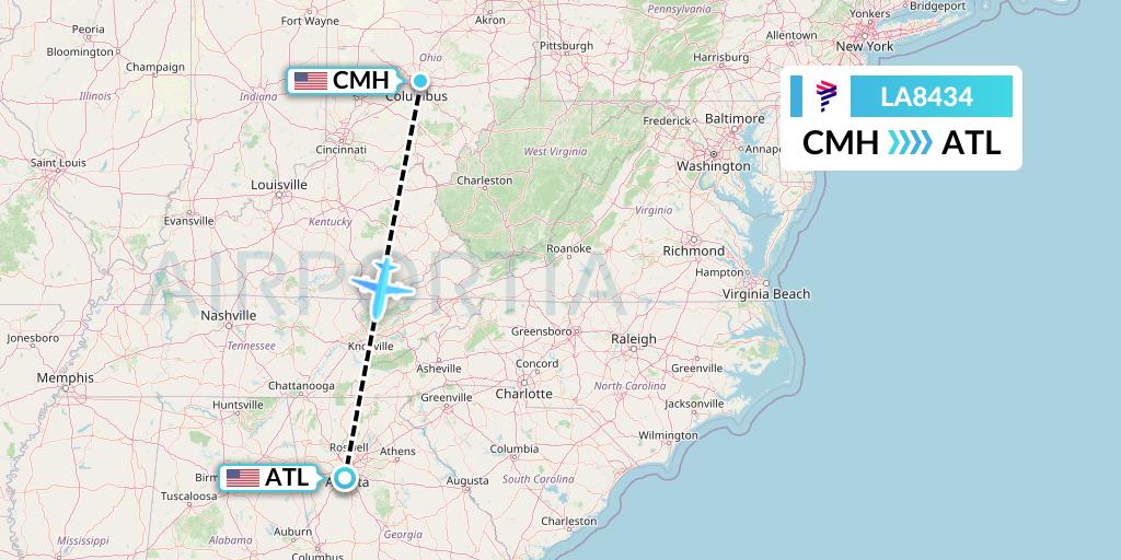 LA8434 LAN Airlines Flight Map: Columbus to Atlanta
