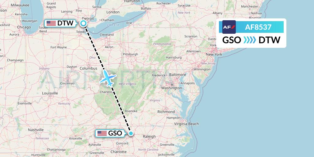 AF8537 Air France Flight Map: Greensboro to Detroit