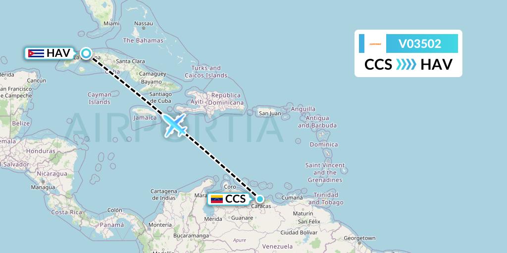 V03502 Conviasa Flight Map: Caracas to Havana