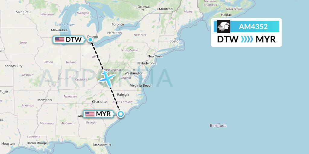 AM4352 Aeromexico Flight Map: Detroit to Myrtle Beach