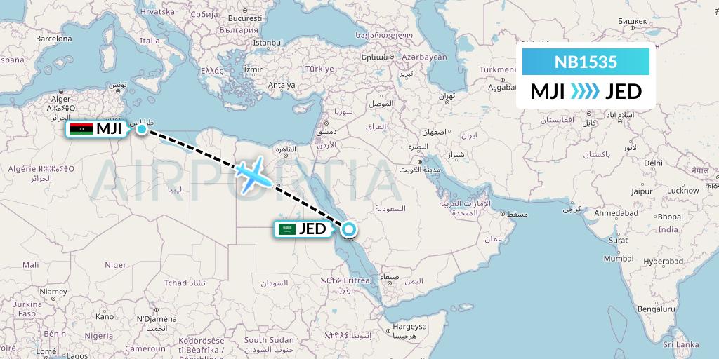 NB1535 Berniq Airways Flight Map: Tripoli to Jeddah