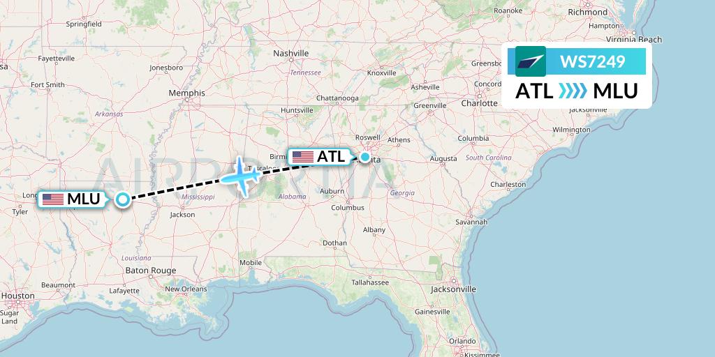 WS7249 WestJet Flight Map: Atlanta to Monroe