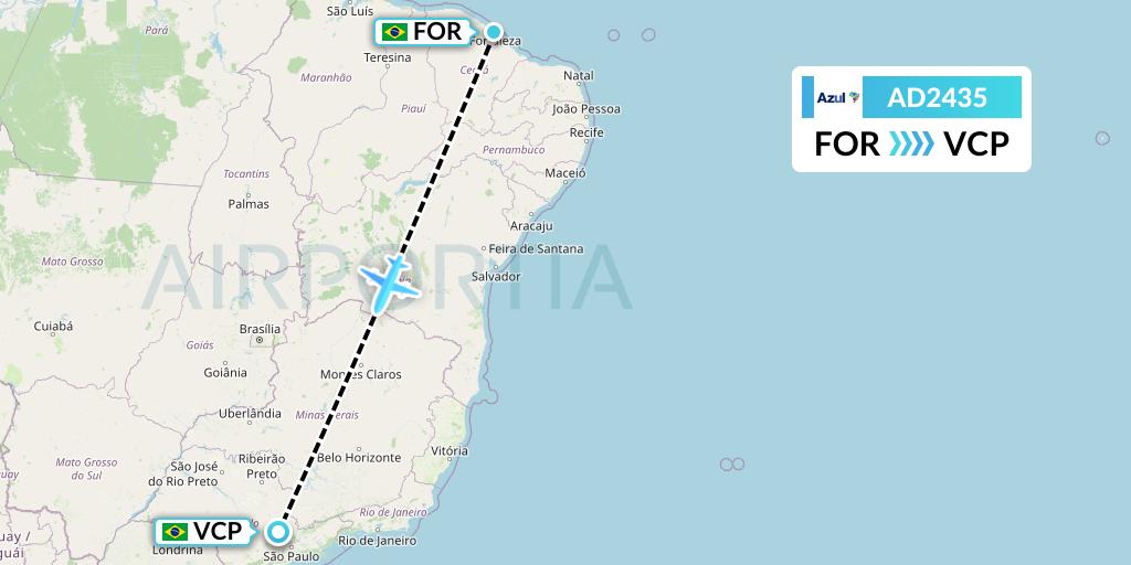 AD2435 Azul Brazilian Airlines Flight Map: Fortaleza to Campinas
