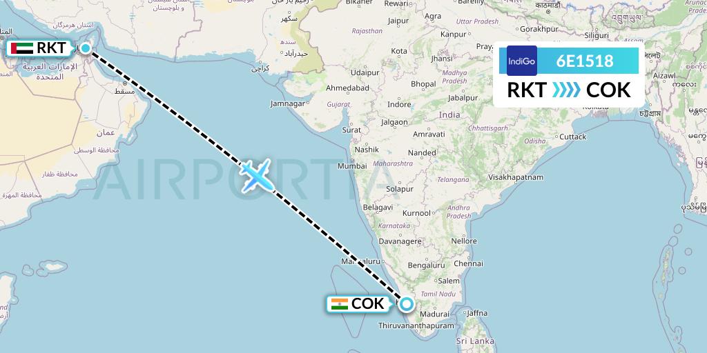 6E1518 IndiGo Airlines Flight Map: Ra'sal-Khaymah to Cochin