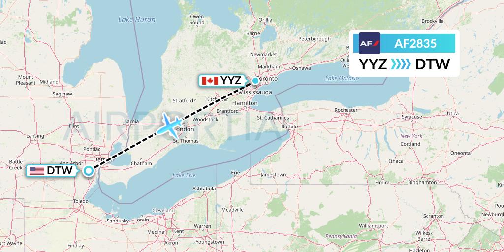 AF2835 Air France Flight Map: Toronto to Detroit