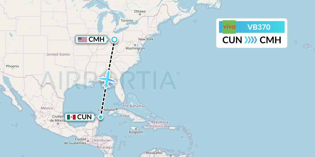 VB370 VivaAerobus Flight Map: Cancun to Columbus