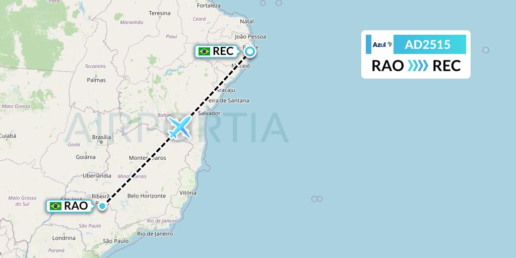 AD2515 Azul Brazilian Airlines Flight Map: Riberao Preto to Recife