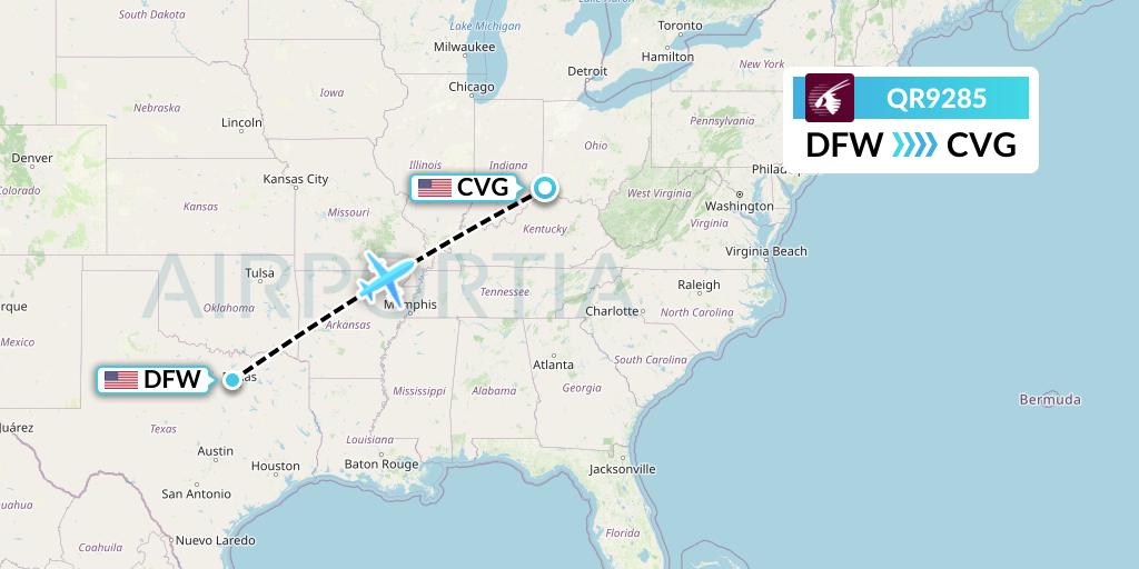 QR9285 Qatar Airways Flight Map: Dallas to Cincinnati
