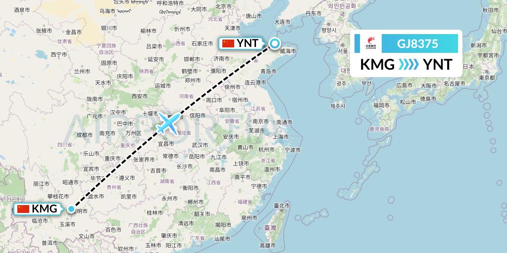 GJ8375 Loong Airlines Flight Map: Kunming to Yantai