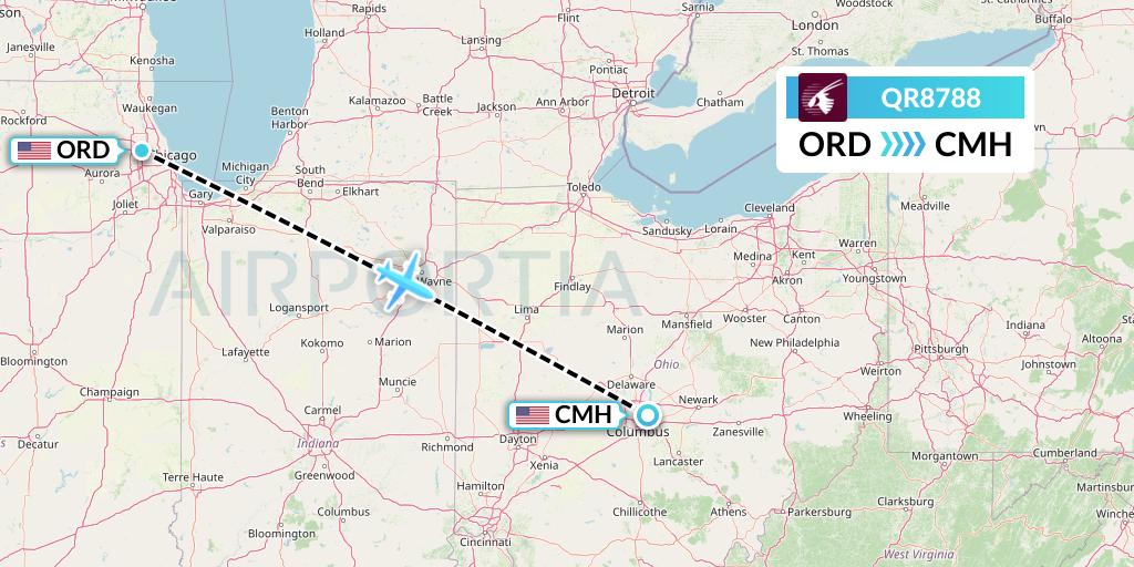 QR8788 Qatar Airways Flight Map: Chicago to Columbus