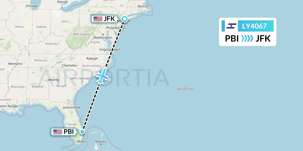 LY4067 El Al Flight Map: West Palm Beach to New York