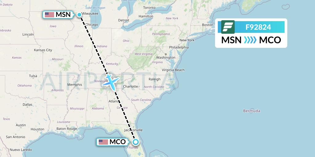 F92824 Frontier Airlines Flight Map: Madison to Orlando