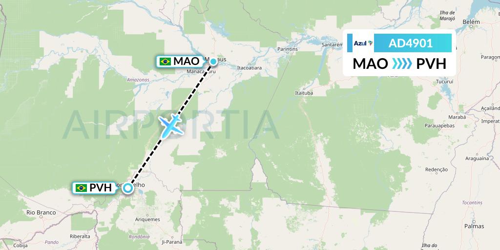 AD4901 Azul Brazilian Airlines Flight Map: Manaus to Porto Velho