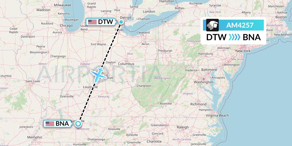 AM4257 Aeromexico Flight Map: Detroit to Nashville