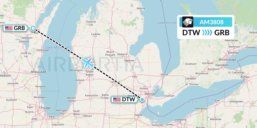 AM3808 Aeromexico Flight Map: Detroit to Green Bay