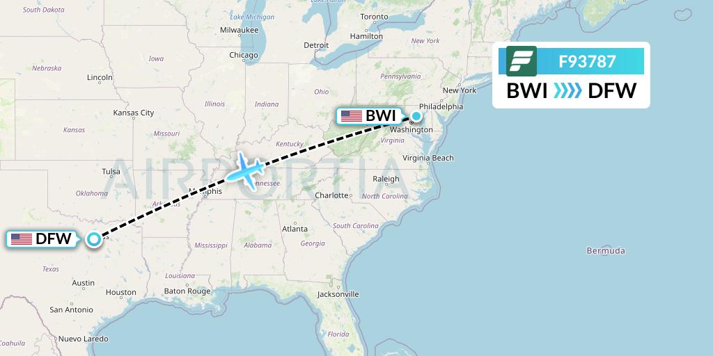 F93787 Frontier Airlines Flight Map: Baltimore to Dallas