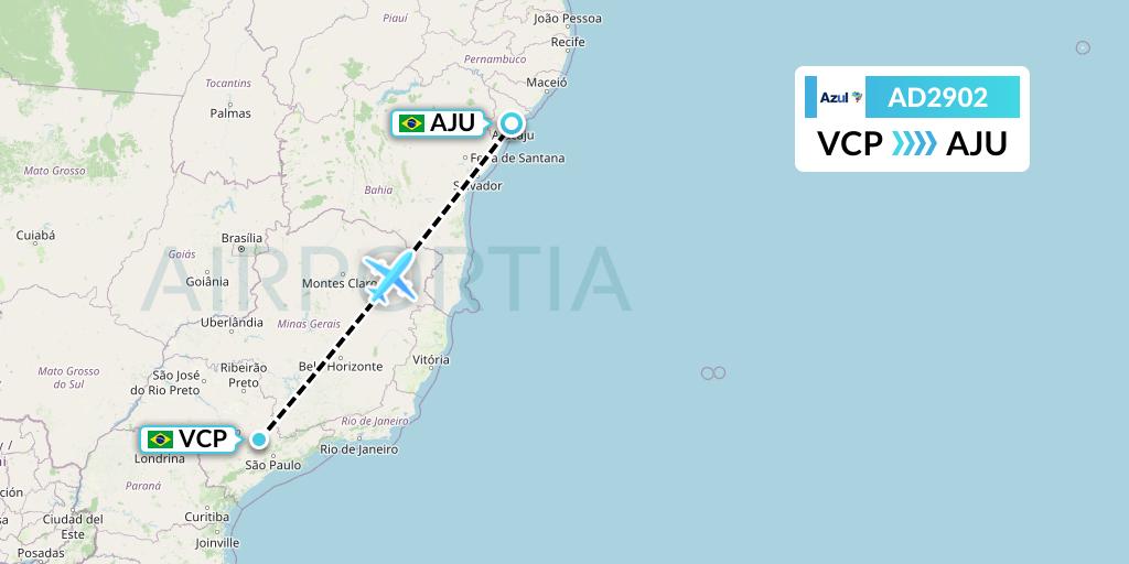 AD2902 Azul Brazilian Airlines Flight Map: Campinas to Aracaju