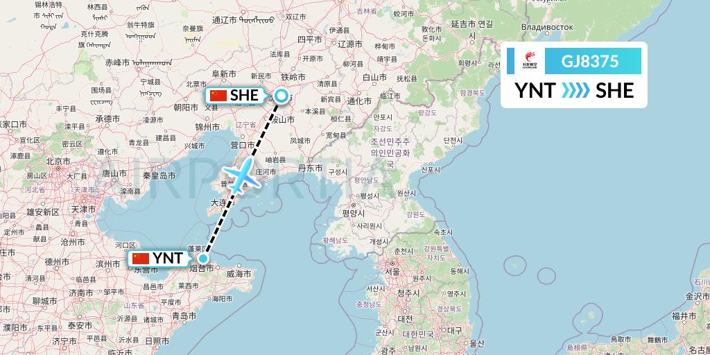 GJ8375 Loong Airlines Flight Map: Yantai to Shenyang