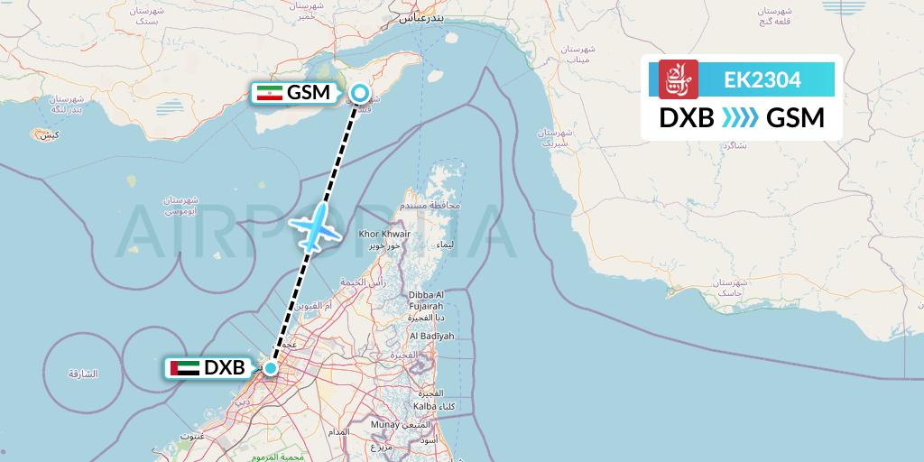 EK2304 Emirates Flight Map: Dubai to Qeshm Island