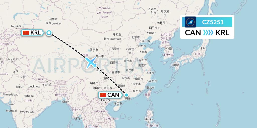 CZ5251 China Southern Airlines Flight Map: Guangzhou to Korla