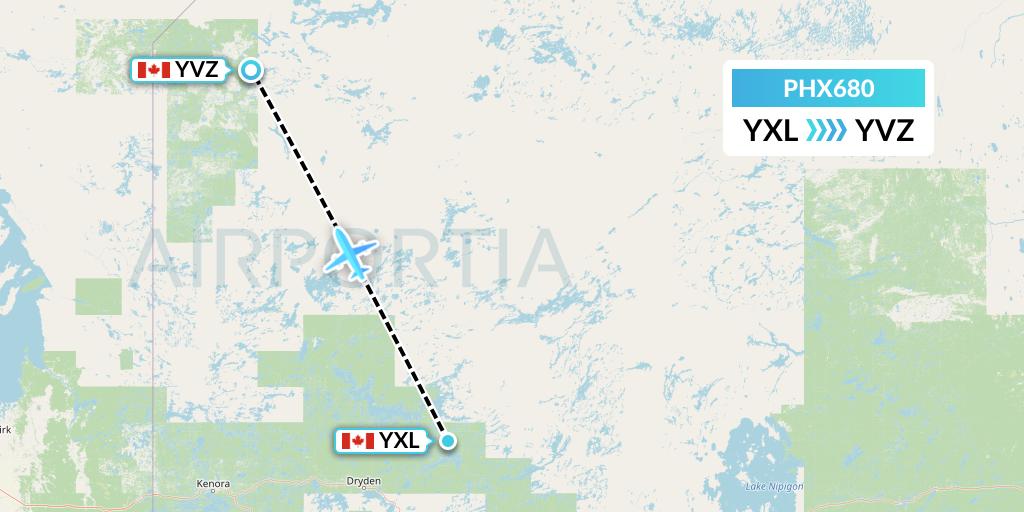 PHX680 SkyCare Flight Map: Sioux Lookout to Deer Lake