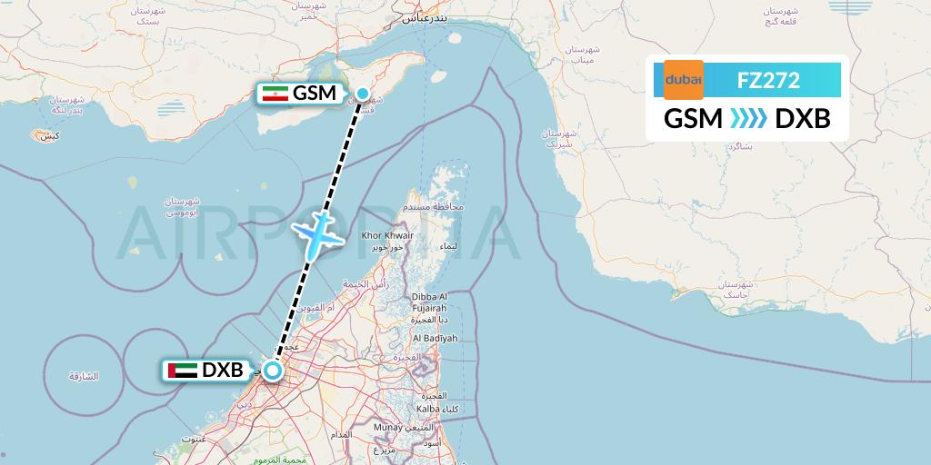 FZ272 FlyDubai Flight Map: Qeshm Island to Dubai